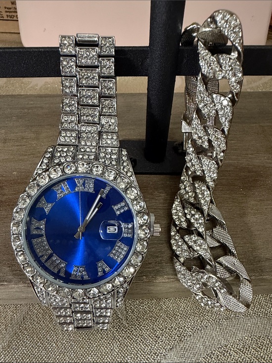 Other - Men’s Blue Dial Crystal-Embellished Silver Watch and silver bracelet set